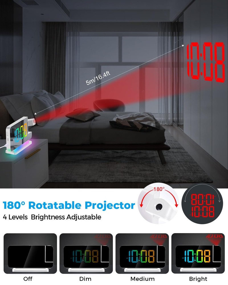Digital Projection Alarm Clock with Rotatable LED Display and Modern Decor