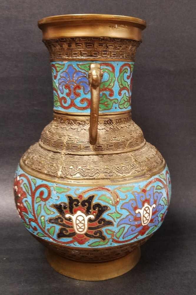 Vintage Two Handled Bronze Champleve' Cloisonne" Enamel Vase