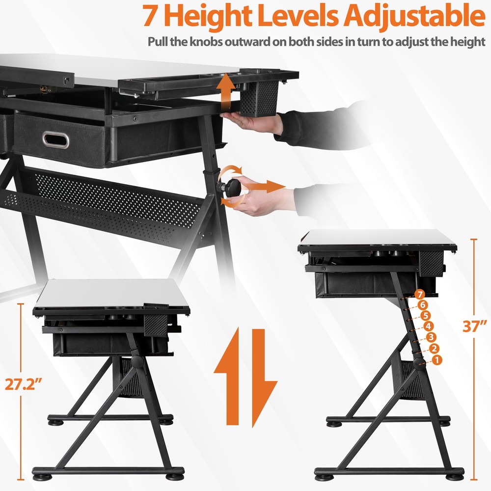 Adjustable Height Drafting Drawing Table Tiltable Tabletop Edge Stopper White