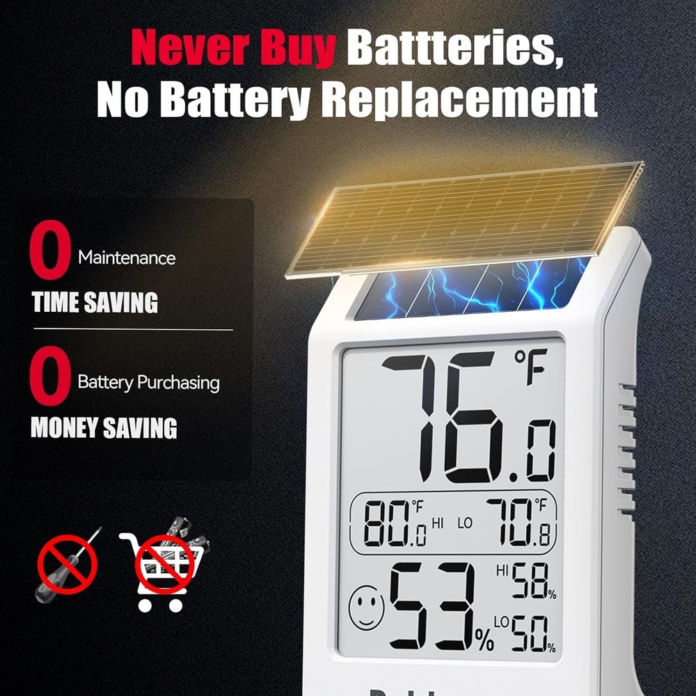 Solar-Powered 3.2'' Digital Thermometer with Max/Min Readings - 1 Support