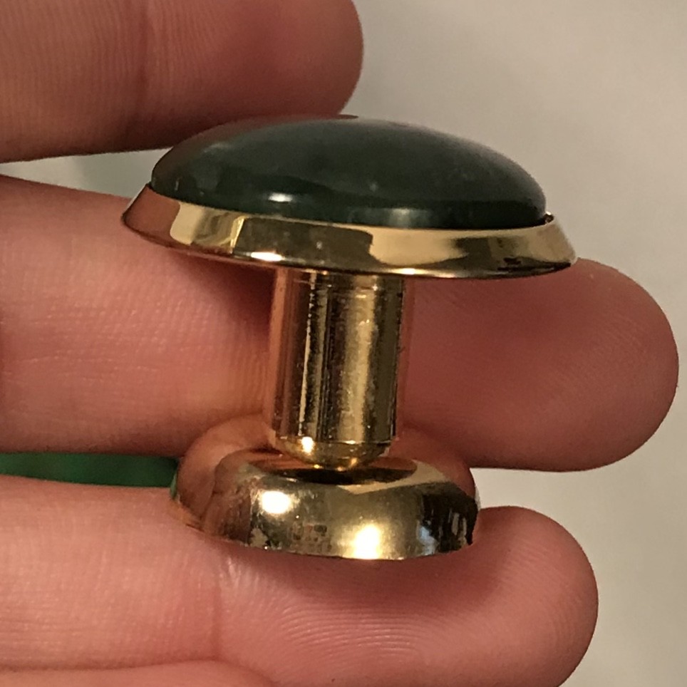 Jade on Brass, Mid-Century drawer pulls, knobs, Alaskan Nephrite 1/2"