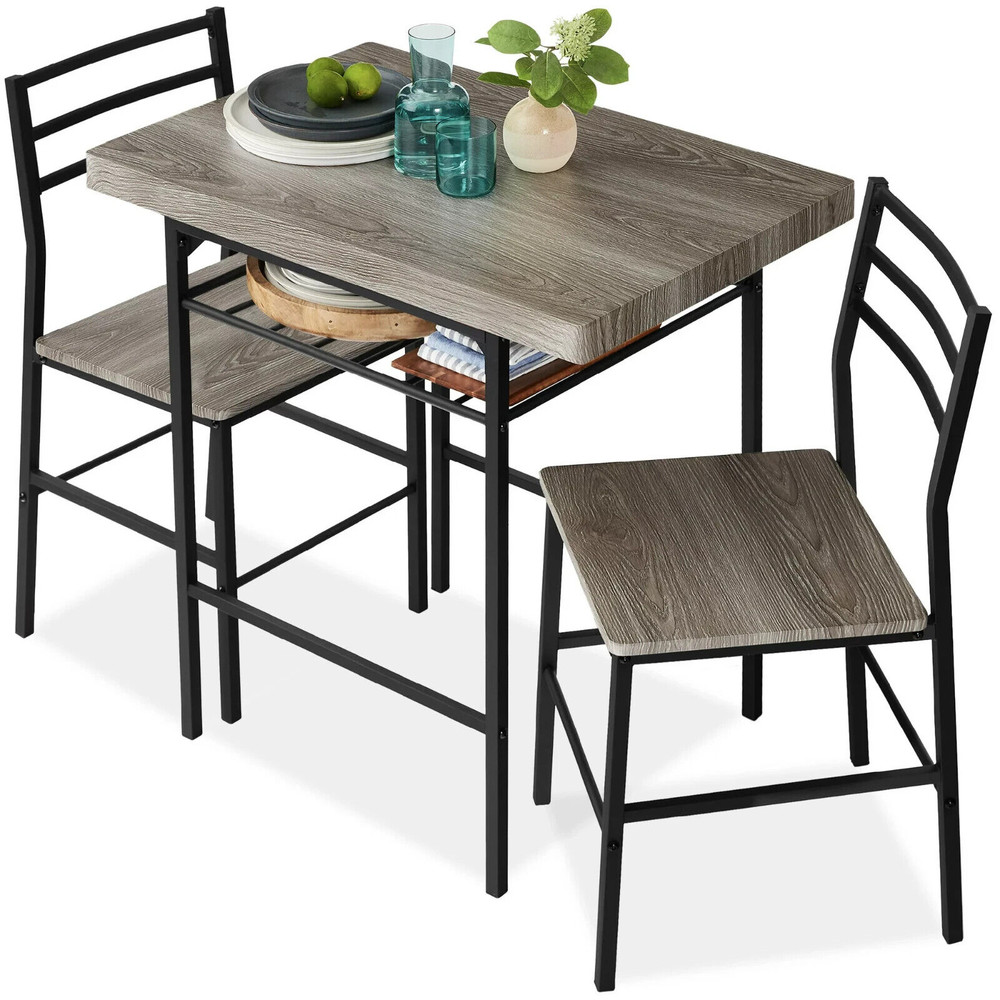 3 Piece Dining Set Gray Black Storage Compact Kitchen Dining Room Square Modern