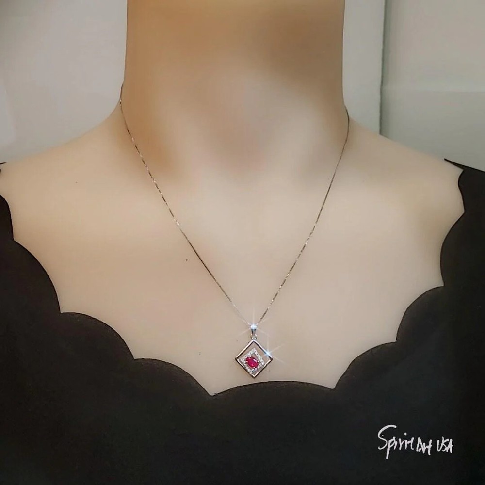 Geometric Ruby Necklace Sterling Silver Minimalist Double Square Tiny Ruby