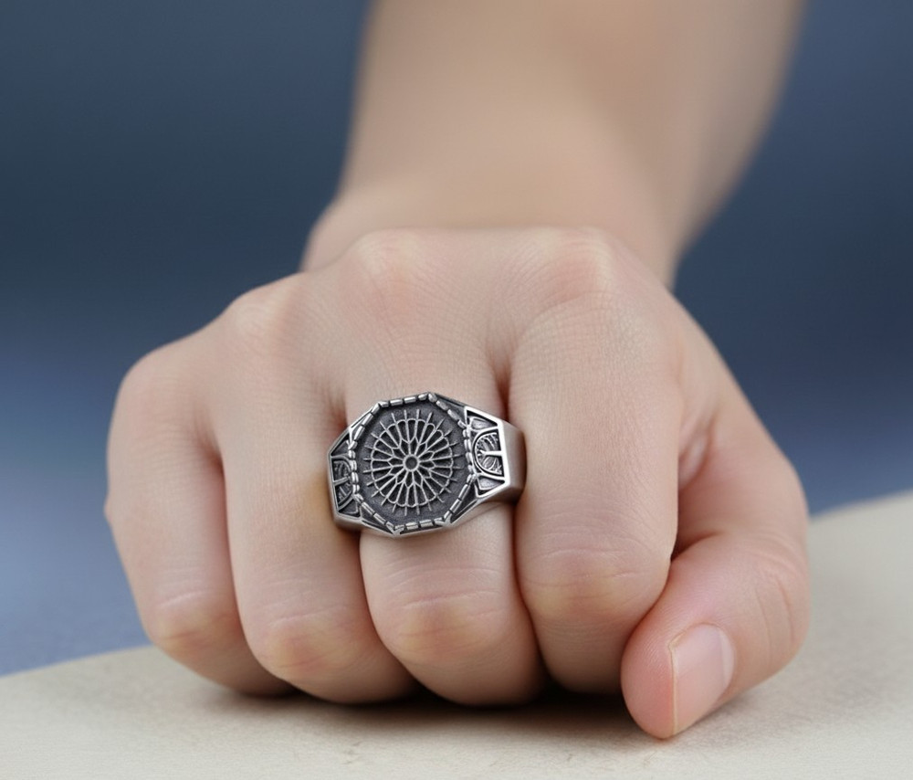Bold 925 Sterling Silver Hexagon Ring with Intricate Sunburst Mandala Pattern