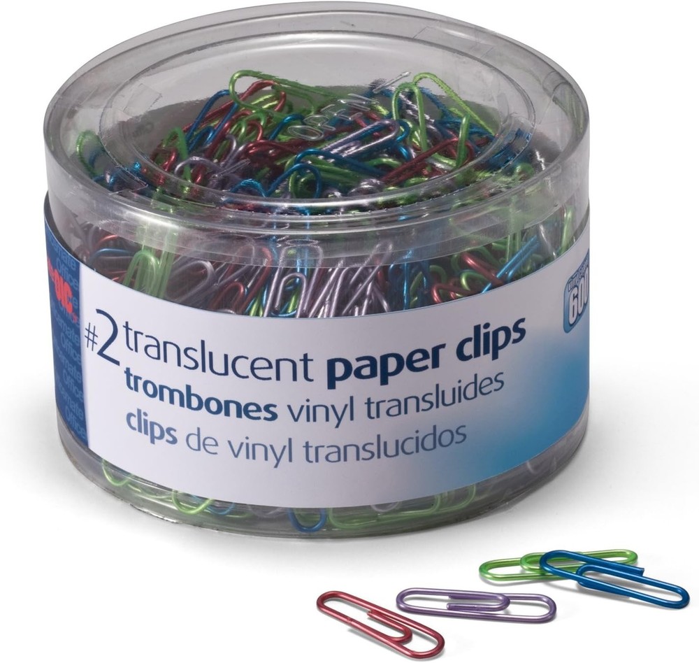 Translucent Paper Clips, Size 2, Assorted Colors