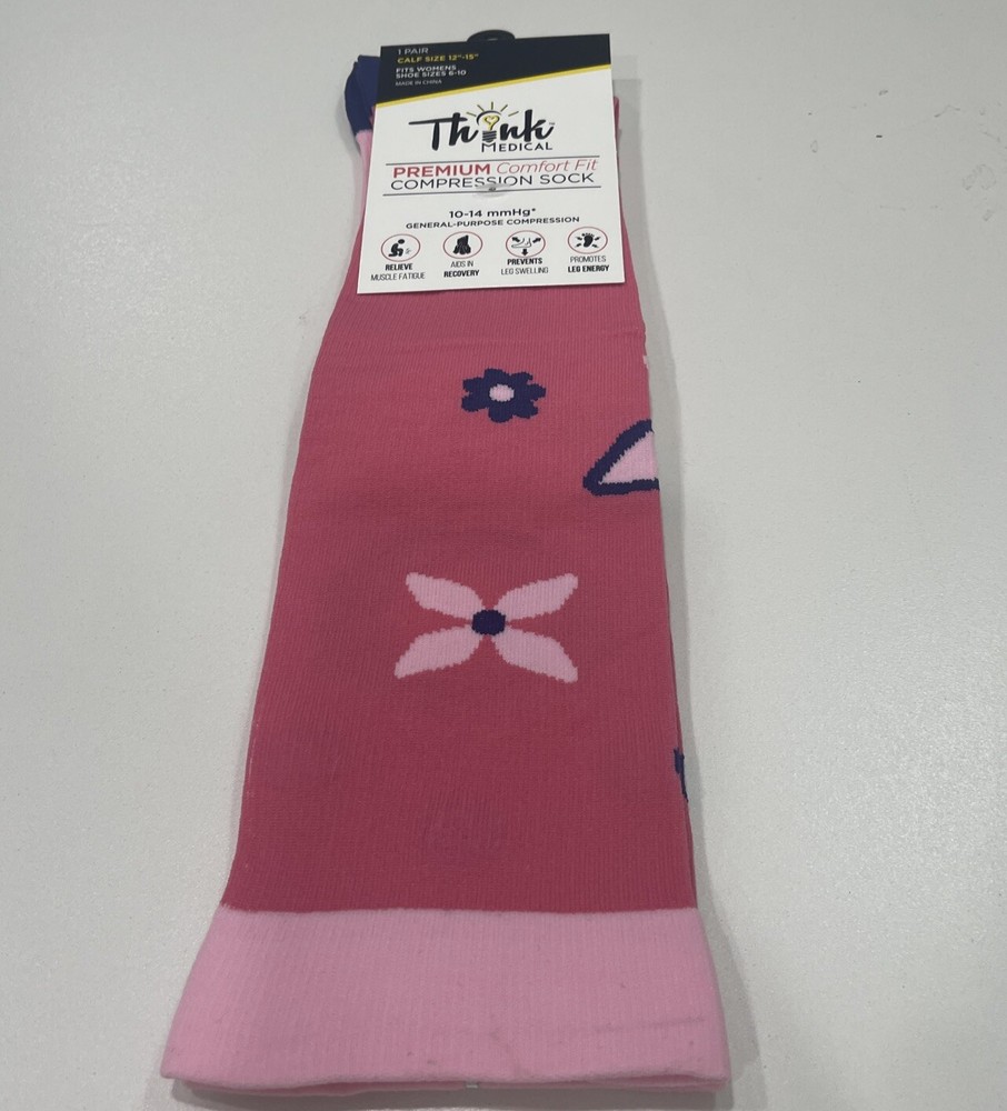 Think Medical- Women's Pink Multicolored Patterned Compression Socks- Size 10-14