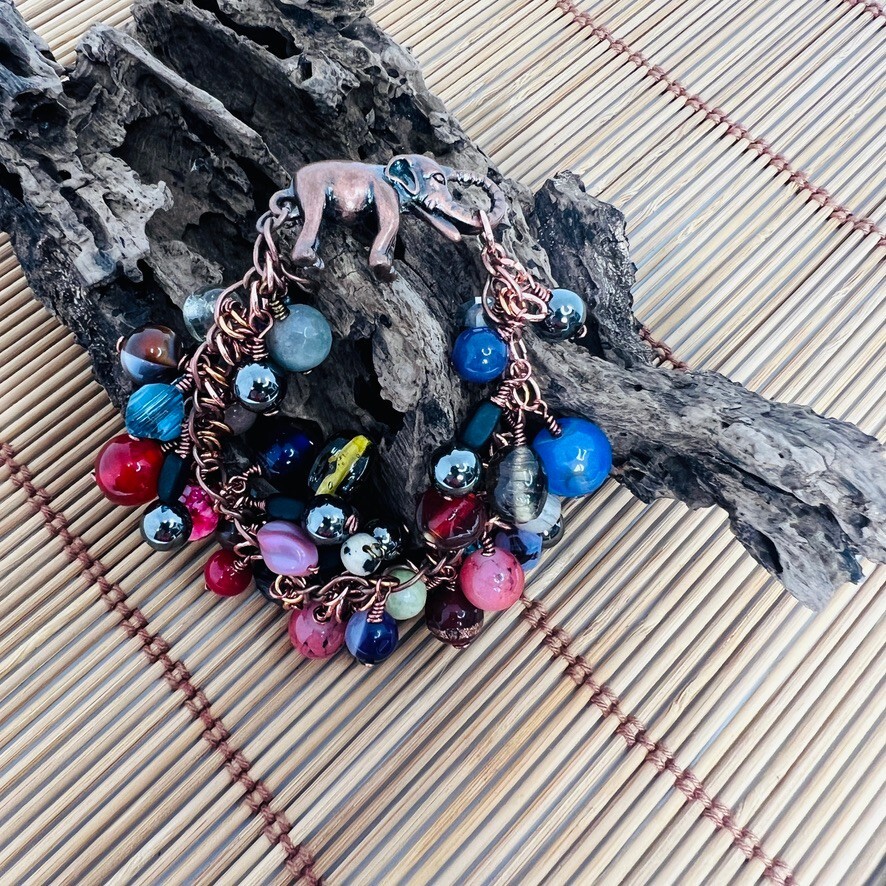 Gemstone Bead Copper Tone Elephant Closure Dangle Bracelet Boho MultiColor