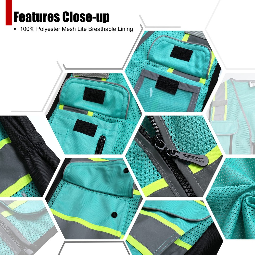 High Visibility Reflection Peacock Mesh Safety Vests with 9 Pockets and Front...