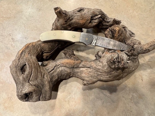 Big Damascus folding blade knife w/ white bone handle