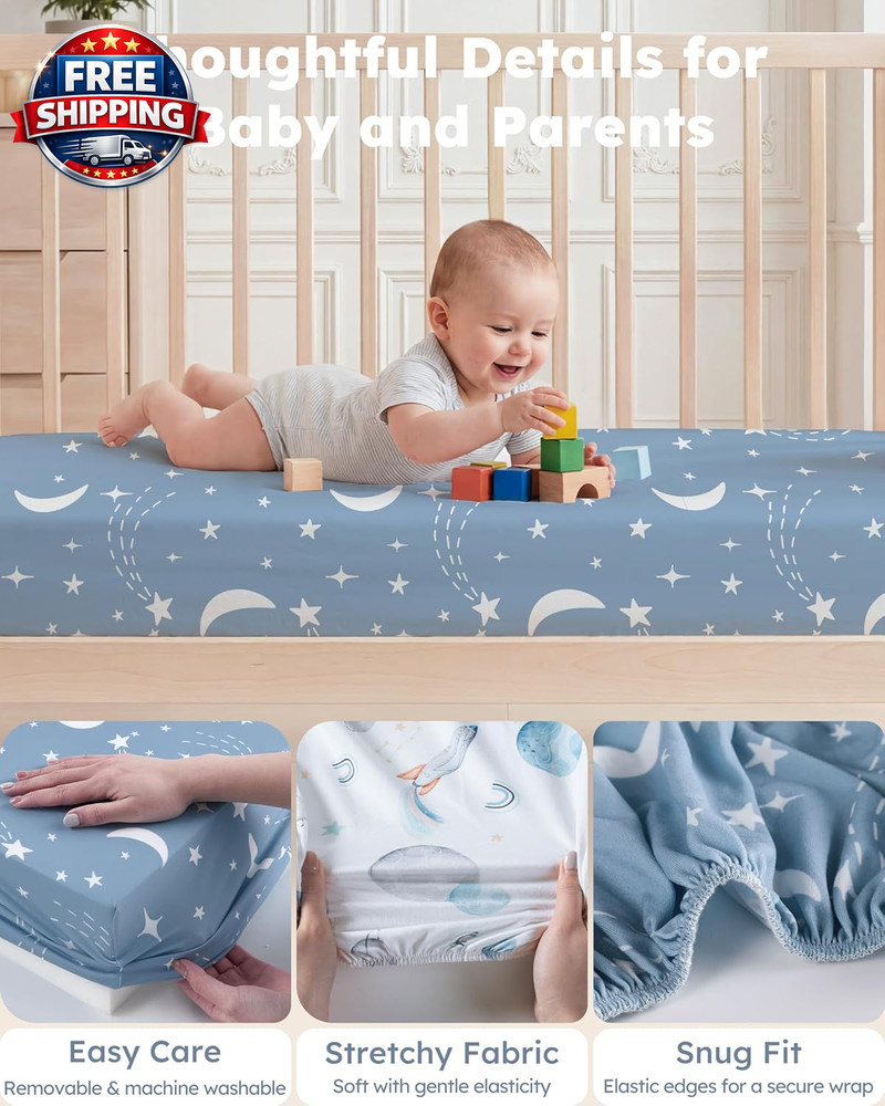 Blue Rocket Pack and Play Sheets for Mini Crib, 2-Pack Fitted Soft Sheets