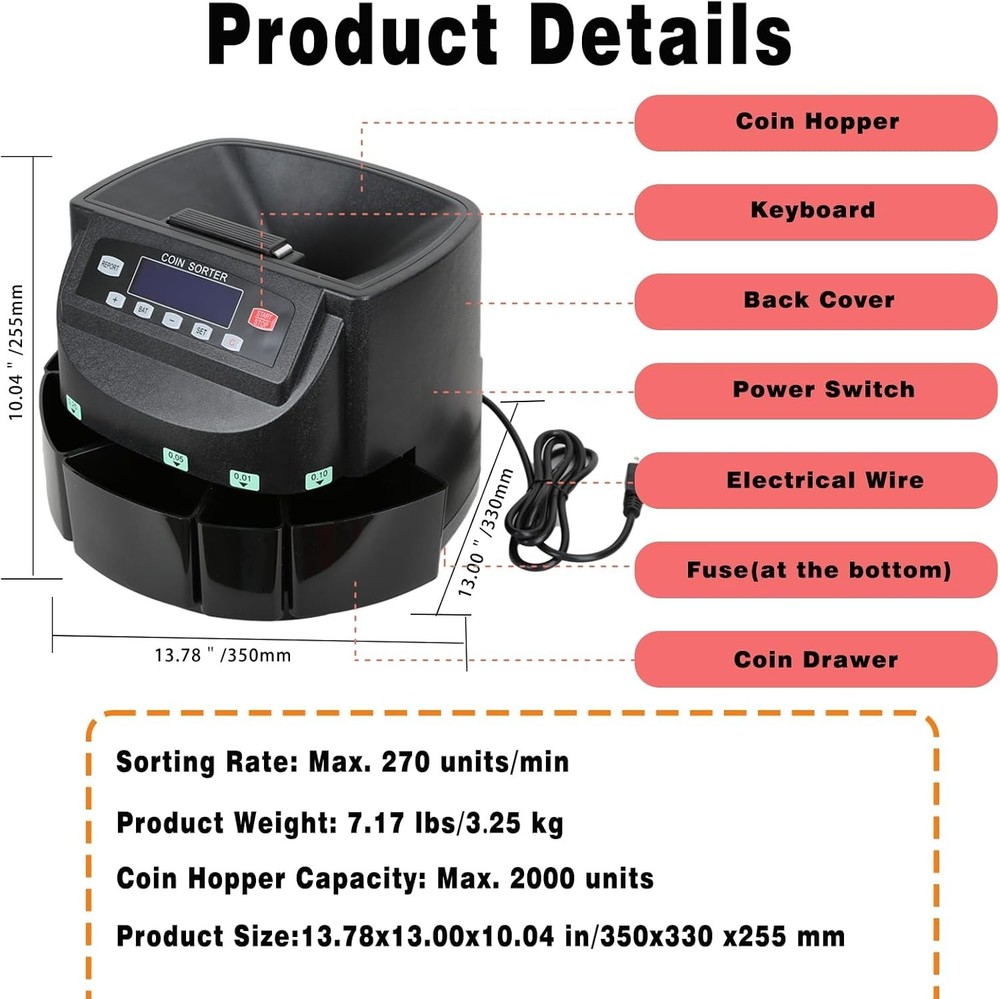 U9500A Professional USD Coin Counter, Sorter, Coin Counting Machine, Automati...