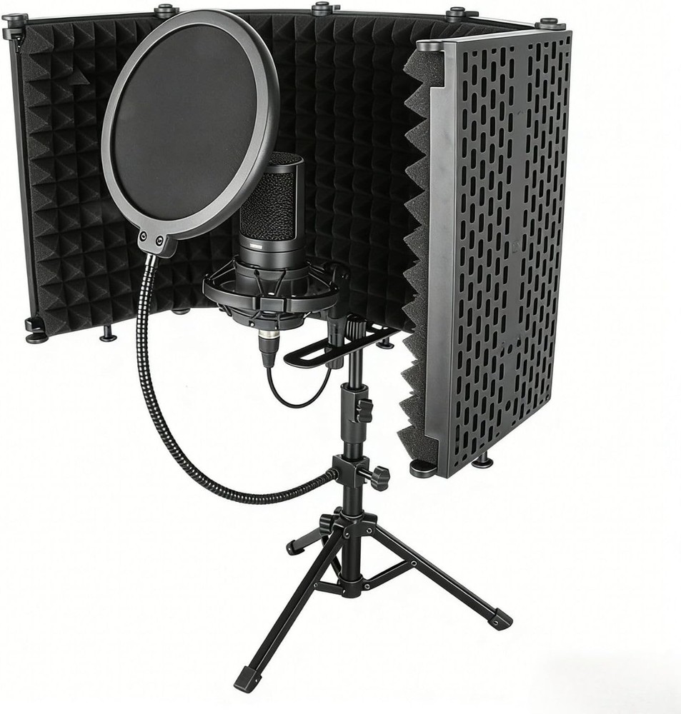 Microphone Stand with Isolation Shield and Pop Filter for Recording