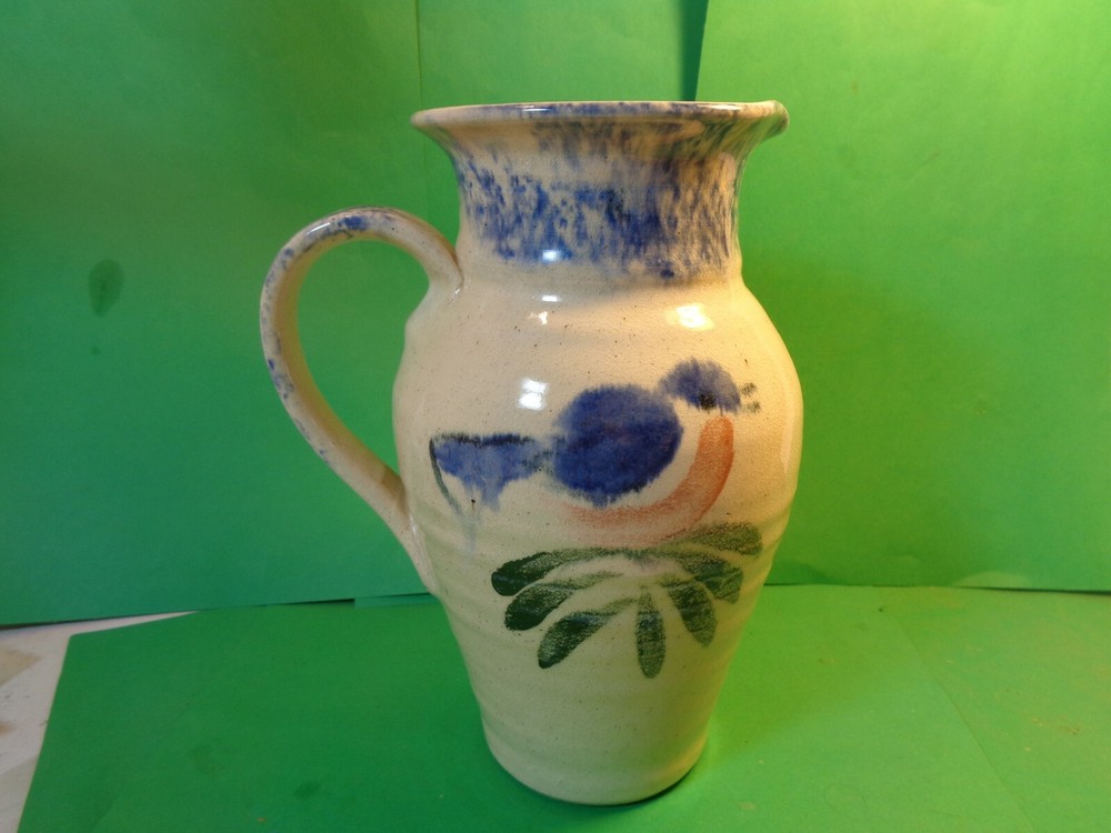 Studio Pottery 8 1/2" Pitcher, Bird Pattern, Signed (Used/EUC)