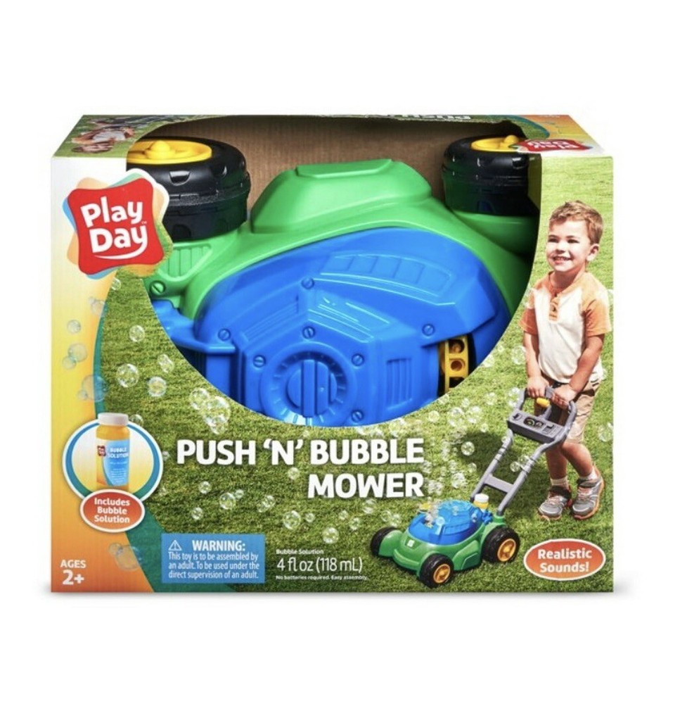 Play Day Push N Bubble Mower Toy with Realistic Sounds! & 4oz Bubble Solution