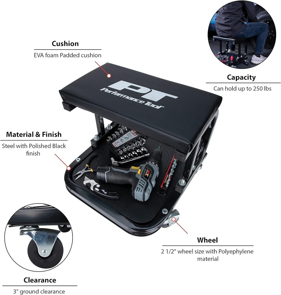 Comfortable Rolling Work Seat with Padded Cushion - Tool Tray Included