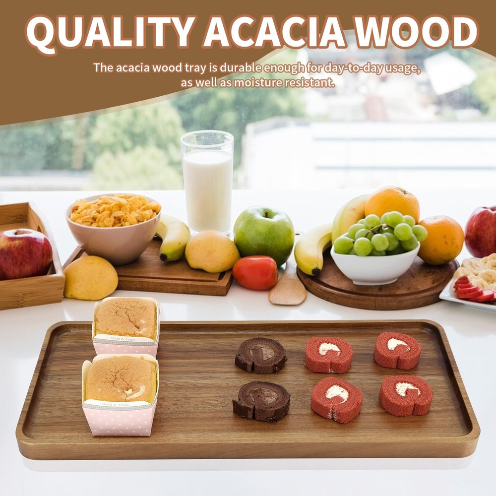 3 PCS Solid Acacia Wood Serving Trays 14x5.3 Inch Rectangular Platters Boards