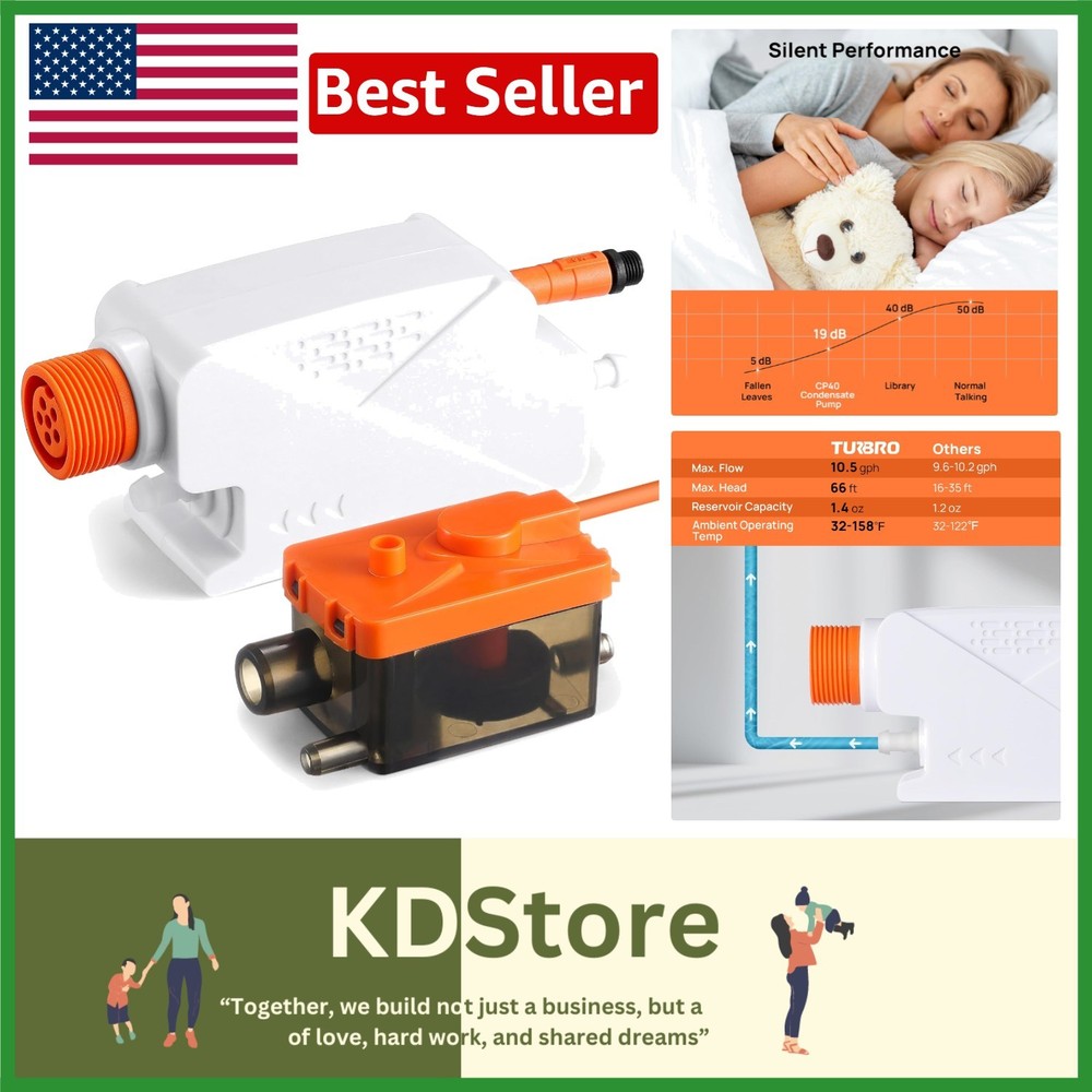 Efficient Mini-Split Condensate Pump: 66ft Lift, 10.5 GPH Flow, Safety Float