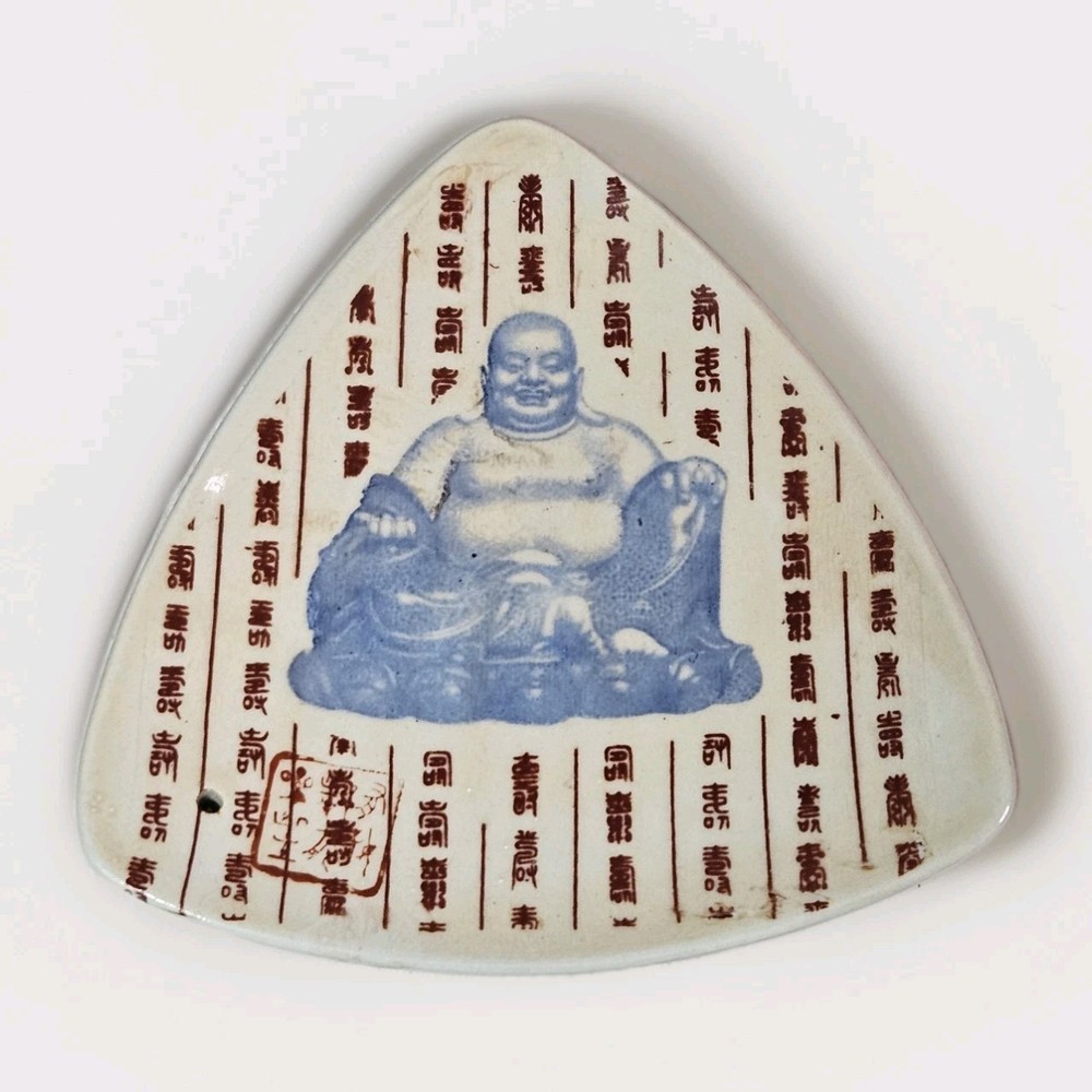 Ceramic Buddha Incense Burner Holder Triangular Asian Script Blue Red Wall...