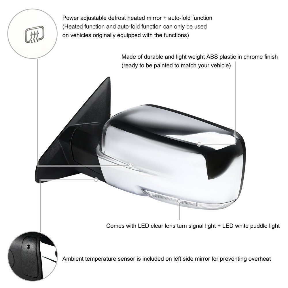 Left Side Mirror Fits 2013-2019 Ram 1500 Chrome Power Fold+Heated+Temper Sensor