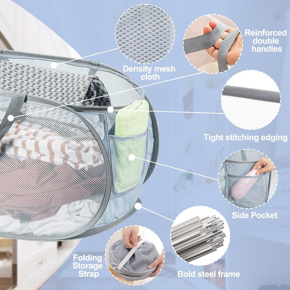 2PCS Mesh Laundry Hamper,Collapsible Laundry Baskets,75L Large Foldable Dirty...