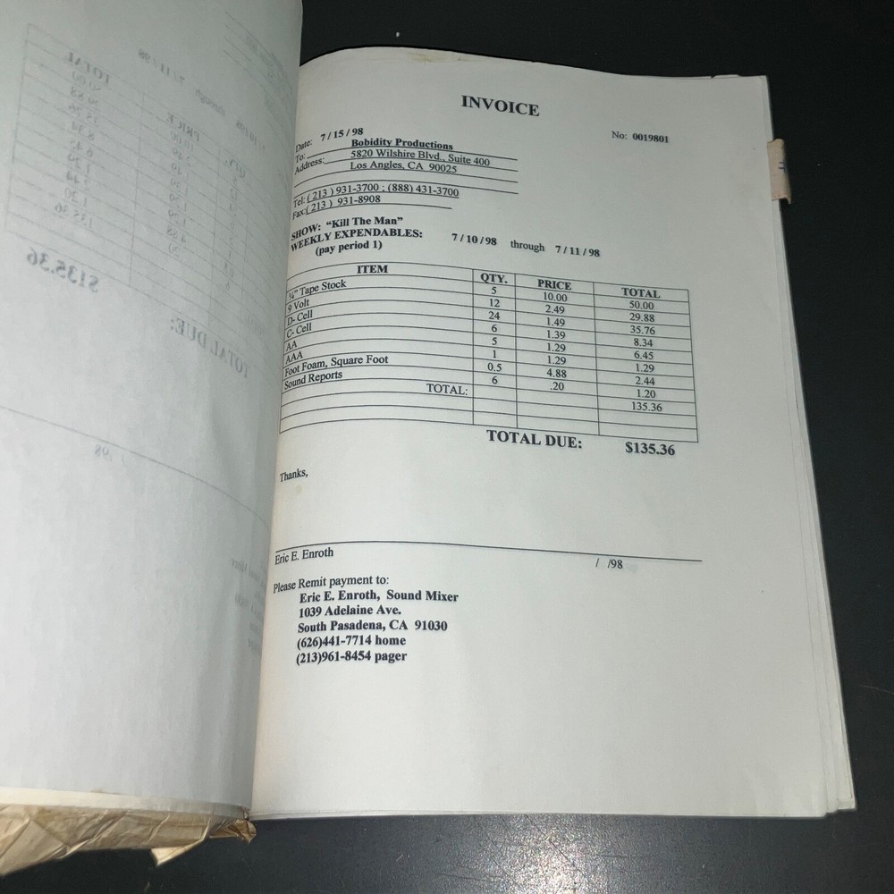 KILL THE MAN (7/10/98) Sound Mixer Prod. Final Draft w/Notes + COA!