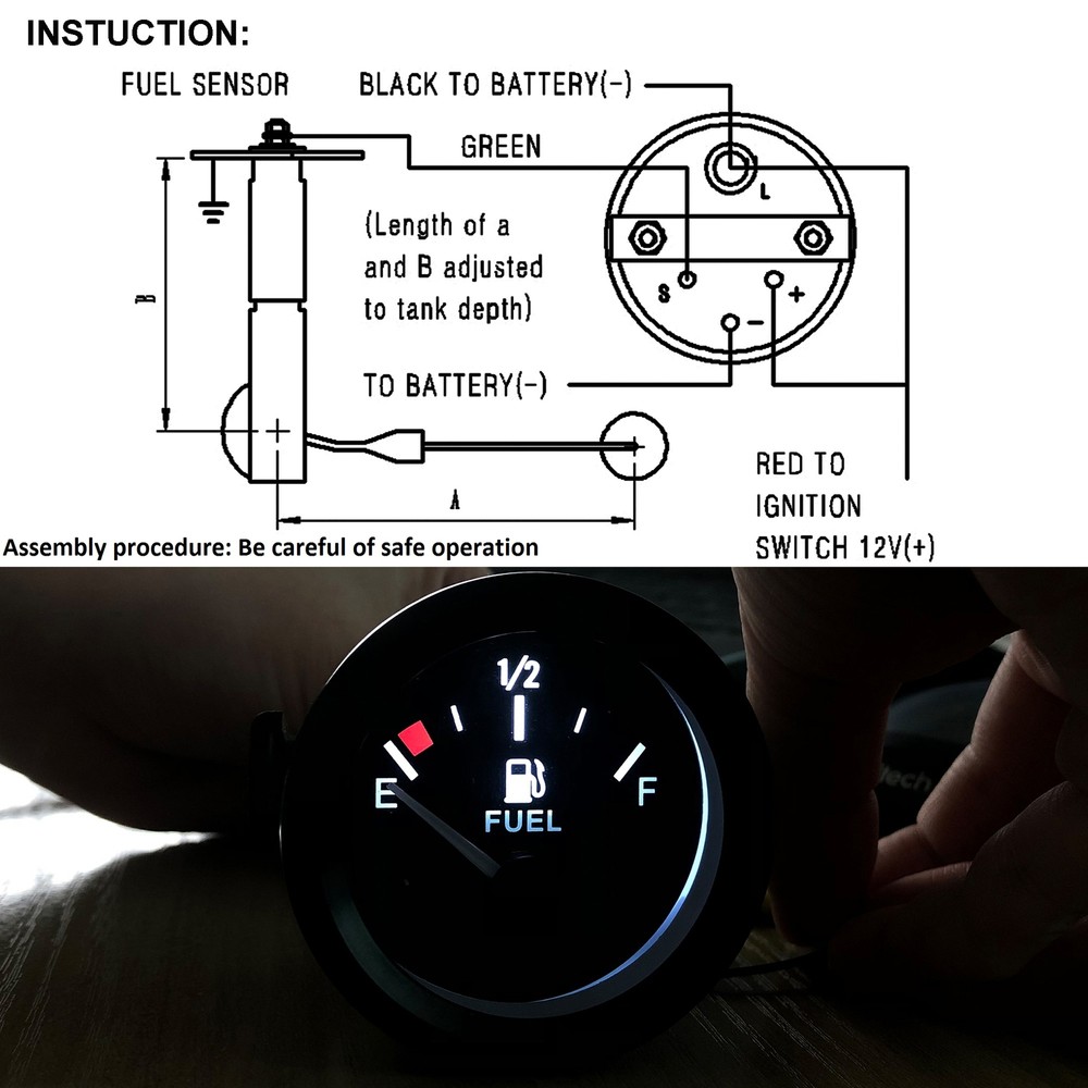 Universal 2"52mm Fuel Level Gauge Kit W/ Fuel Float Sensor E-1/2-F Pointer 12V