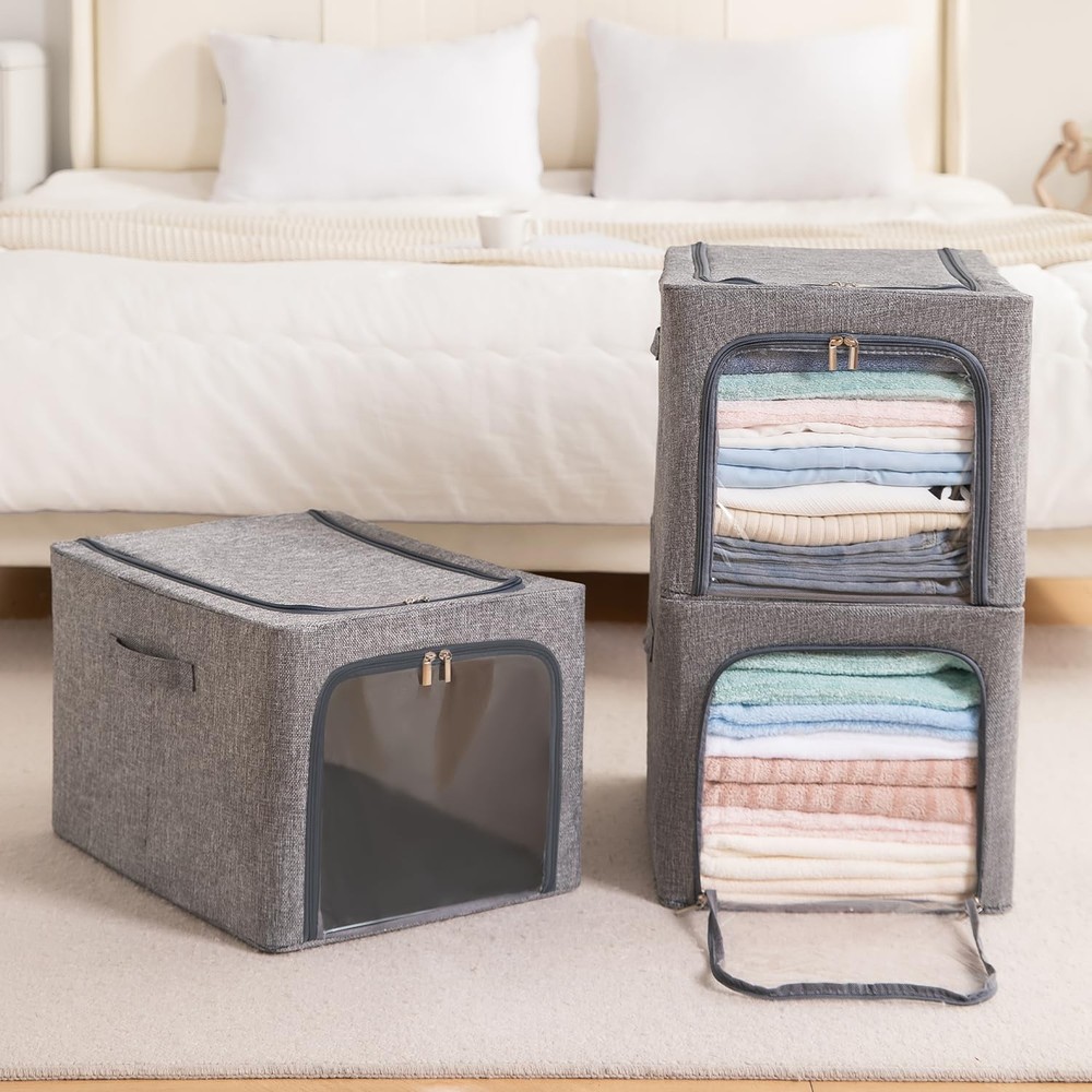 3 Pack 31L Stackable Clothes Storage Bins with Metal Frame Handles & Zipper, ...