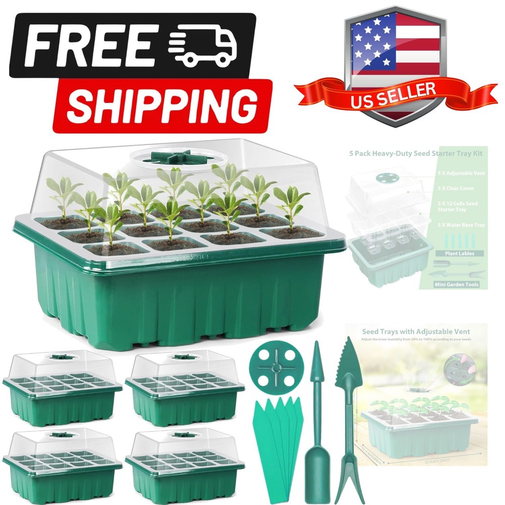 5 Pack Seed Starter Tray Kit, 60 Cells Seedling Starter Trays with Humidity D...
