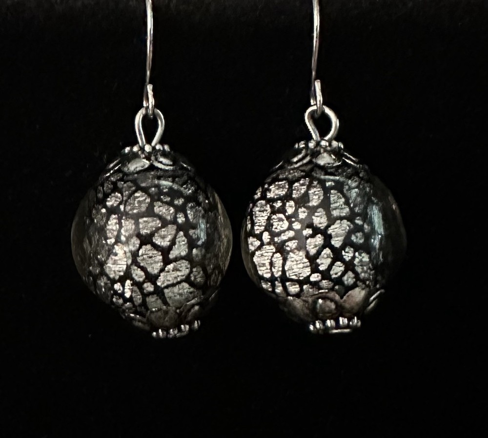 Silver & Black Crackle Round Glass Beaded Hook Dangle Earrings