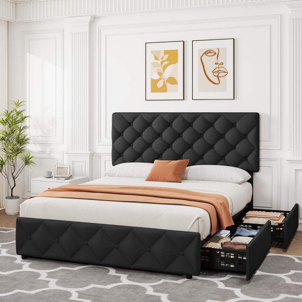 Full Queen King Size Linen Upholstered Platform Bed Frame with 4 Storage Drawers