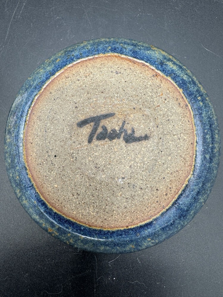 Signed Studio Pottery Lidded Jar Blue Glaze Small Decorative Trinket Jar