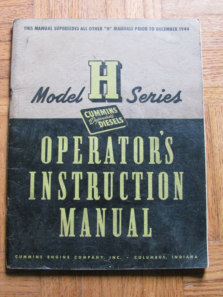 1944 Cummings Diesel Engine Model H Series Operator's Instruction Manual Book