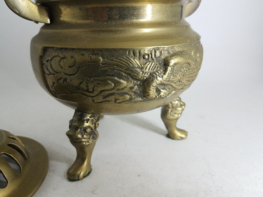 Solid Brass Foo Dog Incense Burner Pot Made In Hong Kong