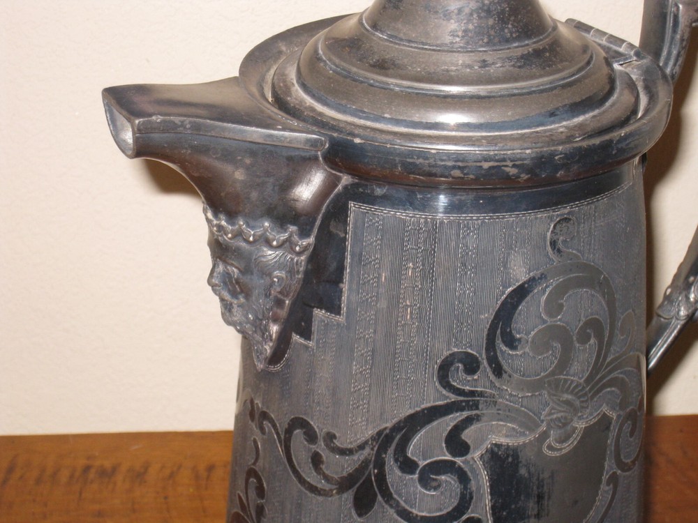 Antique Triple Plate Water Pitcher Figural Monogramed Etched