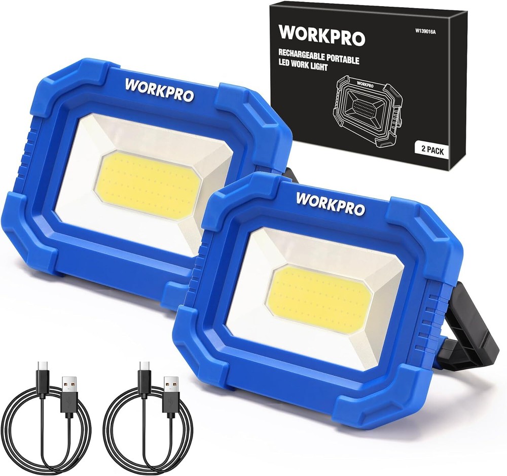 WORKPRO LED Work Light Rechargeable Magnetic with Stand 2 Pack 4Modes 2000LM COB