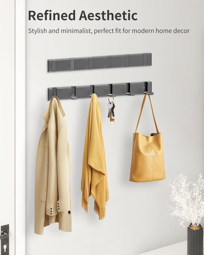Coat Rack Wall Mount with 6 Hooks Folding Coat Hooks for Wall Coat Rack Bathr...