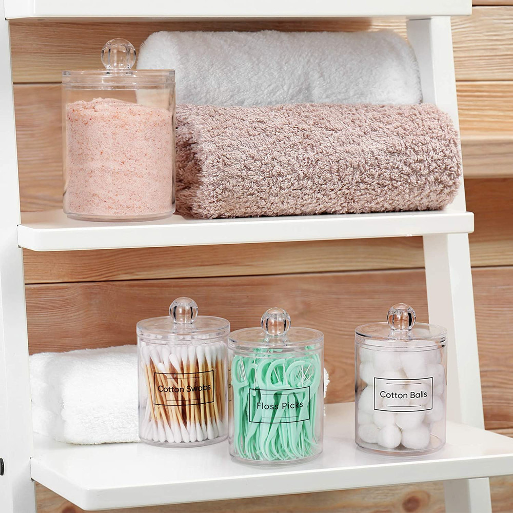 Clear Plastic Qtip Holder Set 4pcs – Bathroom Vanity Organizer w/ Labels