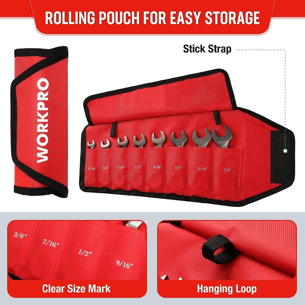 WORKPRO 8PCS Flex-Head Stubby Ratcheting Combination Wrench Set w/Rolling Pouch