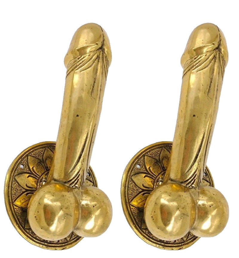 2 large version PENIS erect DOOR PULL HOOK heavy aged brass 9 " handle hand made