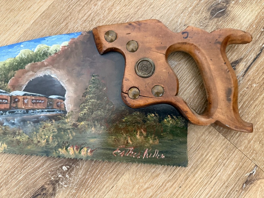Hand Painted Decorative Saw Featuring a Steam Train Scene