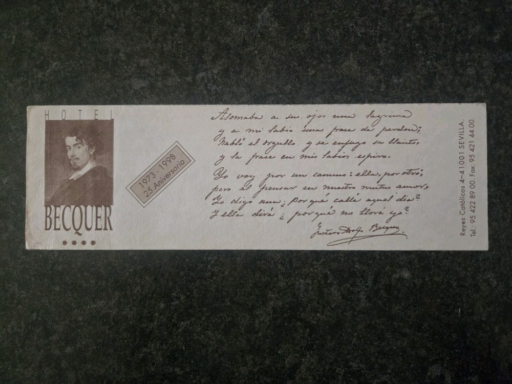 Hotel Becquer 25 Year Anniversary Bookmark Vintage