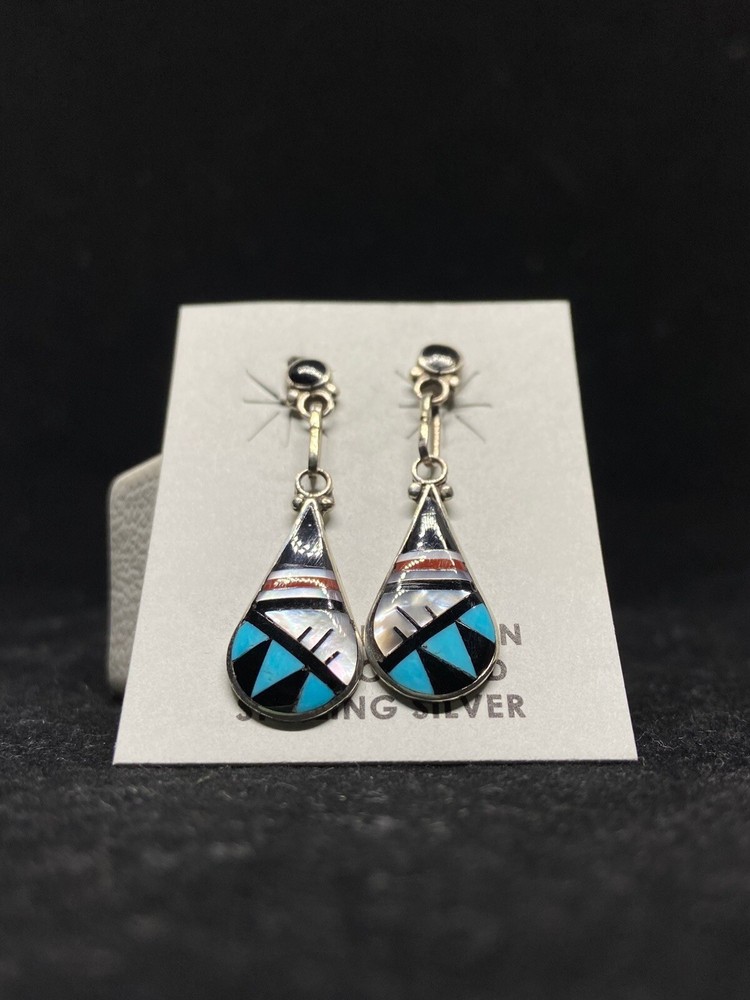 Handmade Zuni inlay multicolor turquoise Sterling Teardrop Dangle earrings