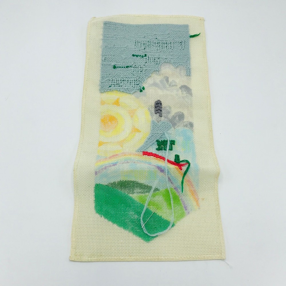 Vintage Hand Painted Needlepoint Pattern Canvas Rain Sunshine Rainbow Pride