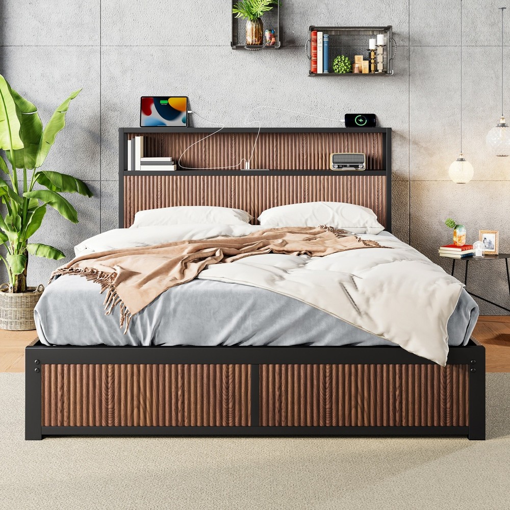 Queen Size Platform Bed Frame w/ 4 Drawers & Storage Headboard & USB Ports
