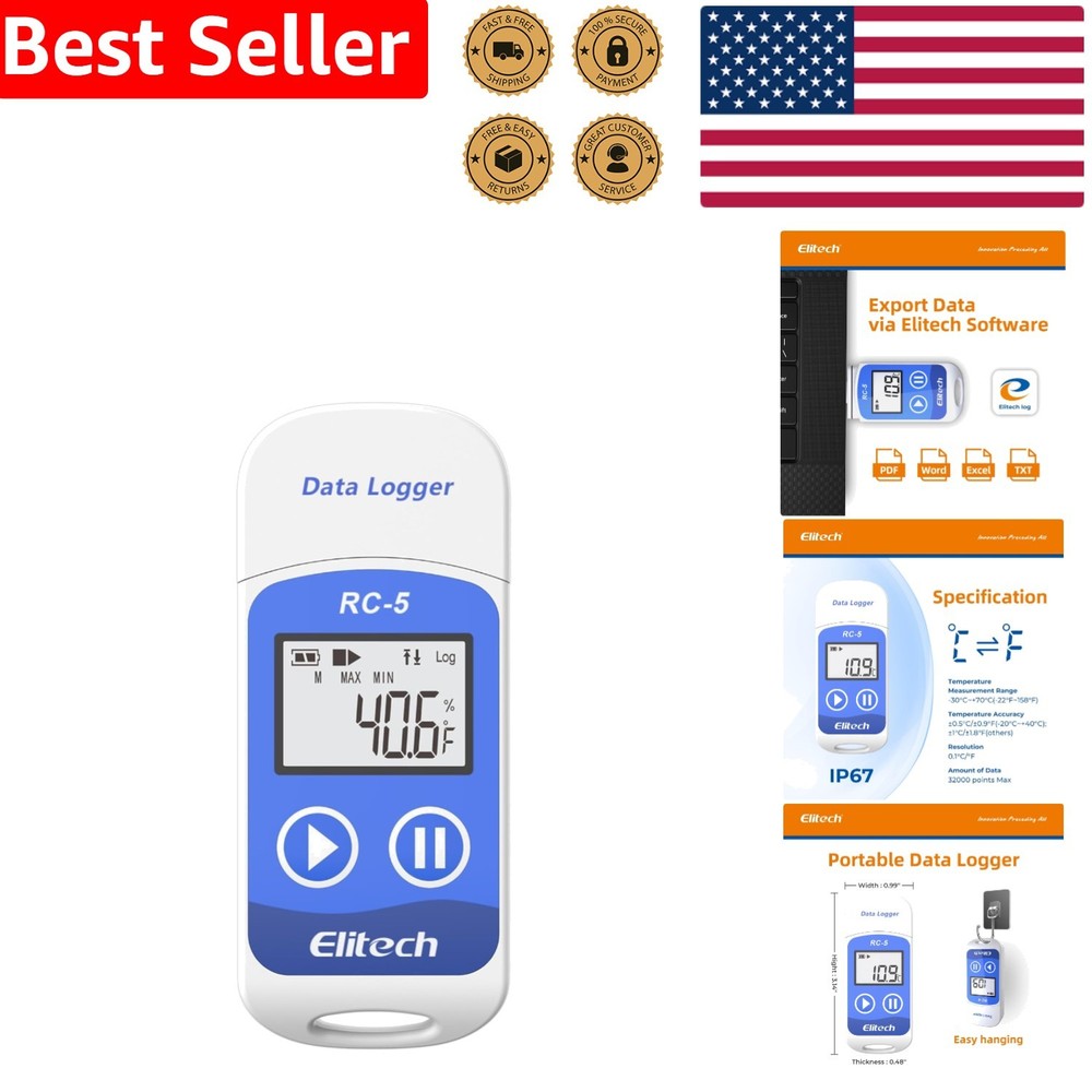 Professional USB Temperature Data Logger - 32000 Points, High Accuracy & LCD