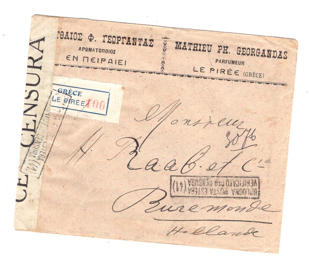 Greece  large  registered  cover,  W1  large  censor tape  1917