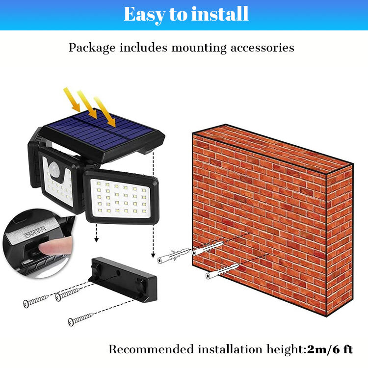 2 Pack 74LED Solar Lights Outdoor Waterproof Motion Sensor Security Lamp 3 Head