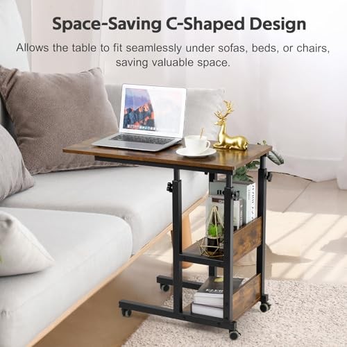 C Shaped Side Table Adjustable, Height Adjustable C Romantic Brown Modern