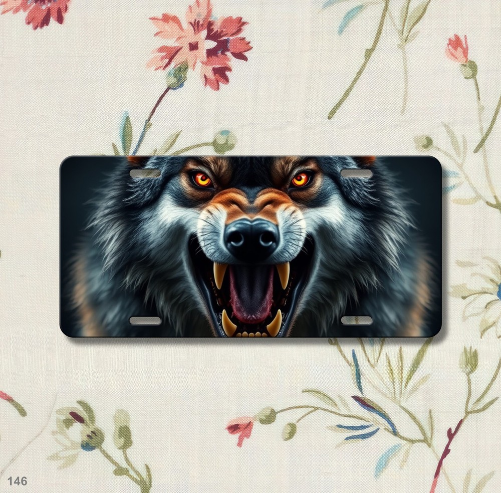 Fierce Wolf License Plate with Sharp Teeth Your Text Front Plate Special Gift