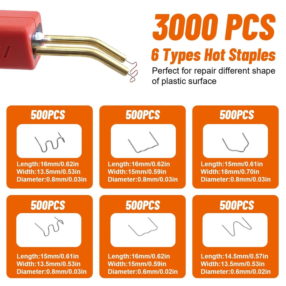 3000 pcs Plastic Welding Staples, 6 Types Extra Large Wave Repair Welding Sta...